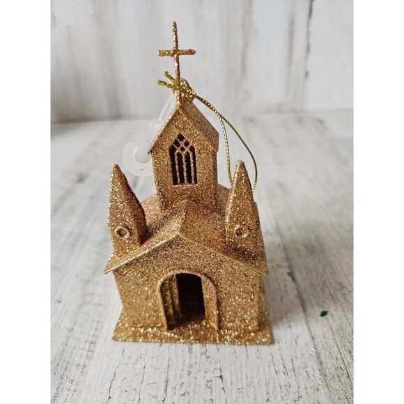Gold glitter chapel Church ornament Xmas tree religious - Picture 1 of 12